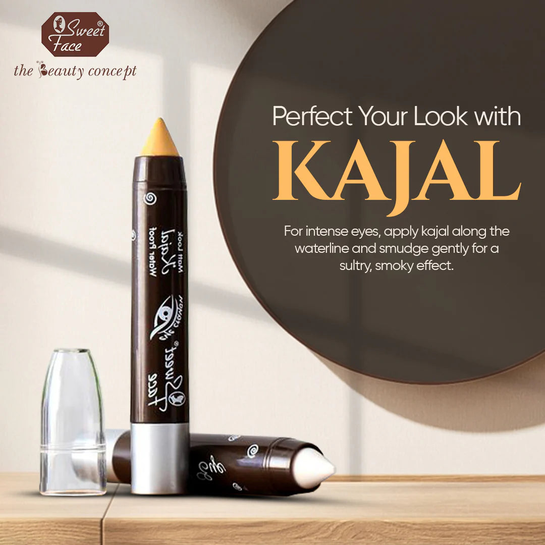 Kajal pencil with packaging on a wooden surface, promotional text about using kajal for eye makeup.