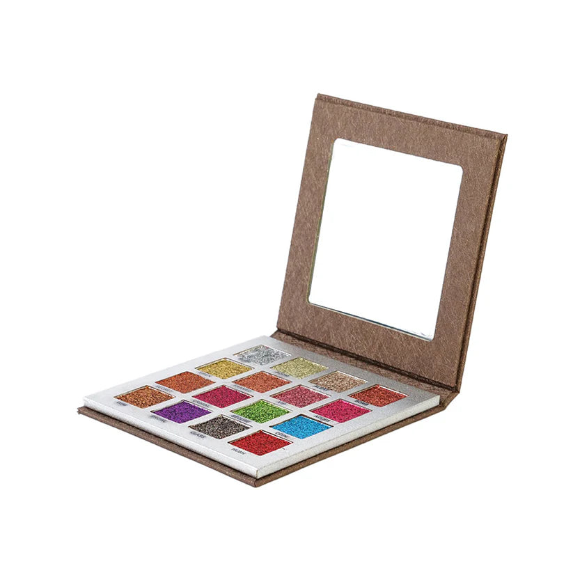 Makeup palette with colorful shades and a mirror on a white background