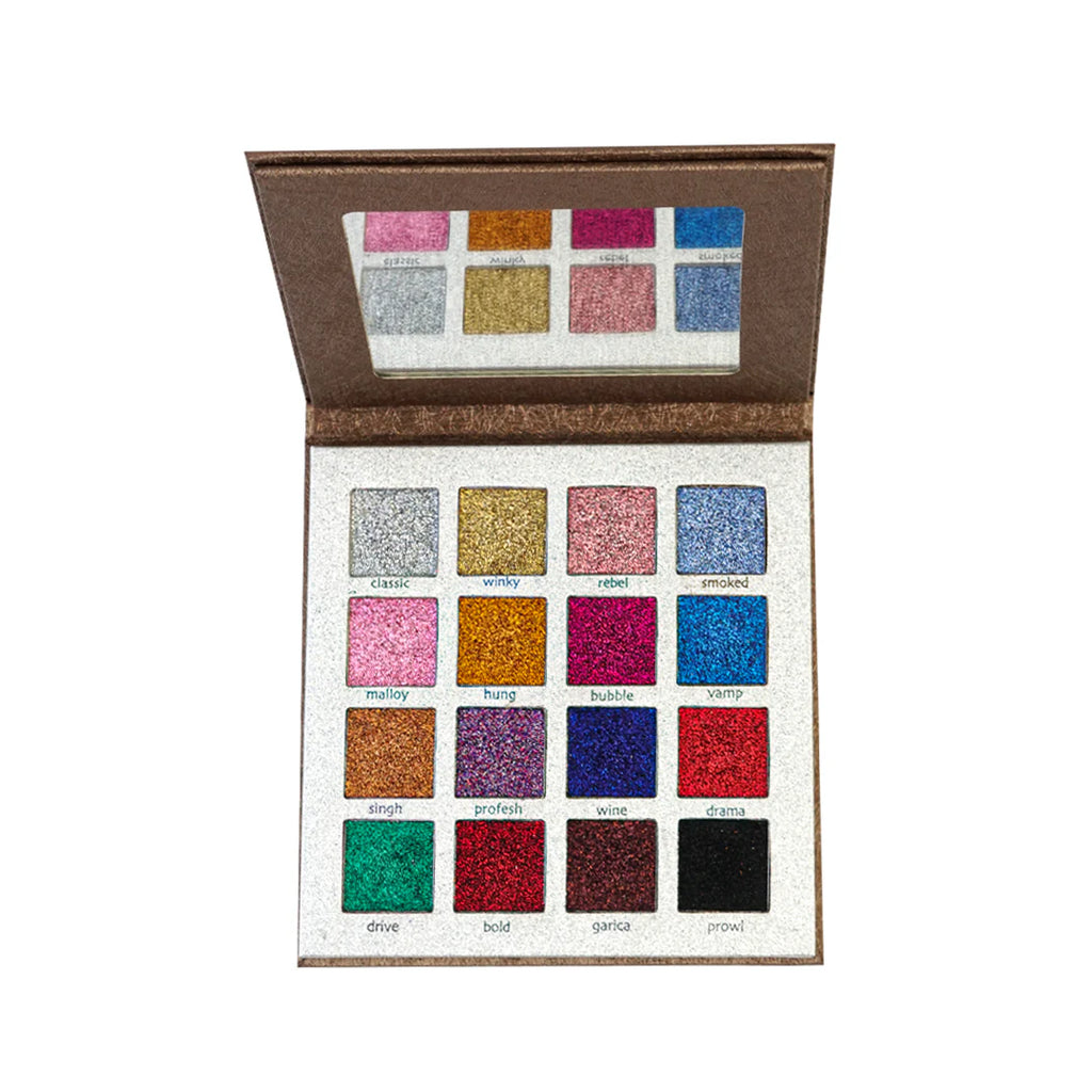 Makeup palette with glittery shades on a white background