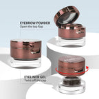 Cosmetic containers for eyebrow powder and eyeliner gel with open and closed lids on a light gray background.