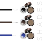 Makeup products with color swatches labeled 'Black', 'Brown', and 'Blue' on a white background.