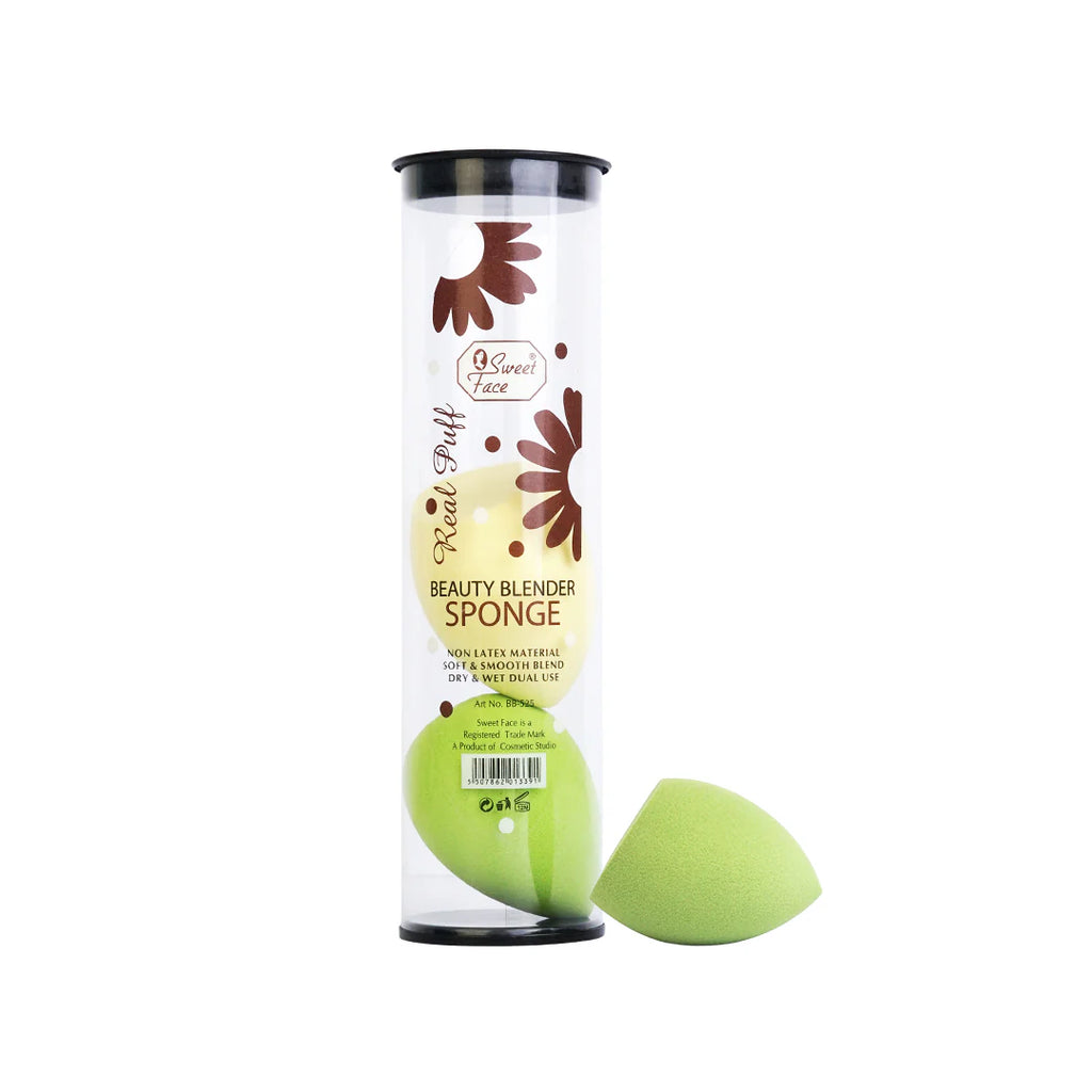 Green beauty blender sponge with packaging on a white background