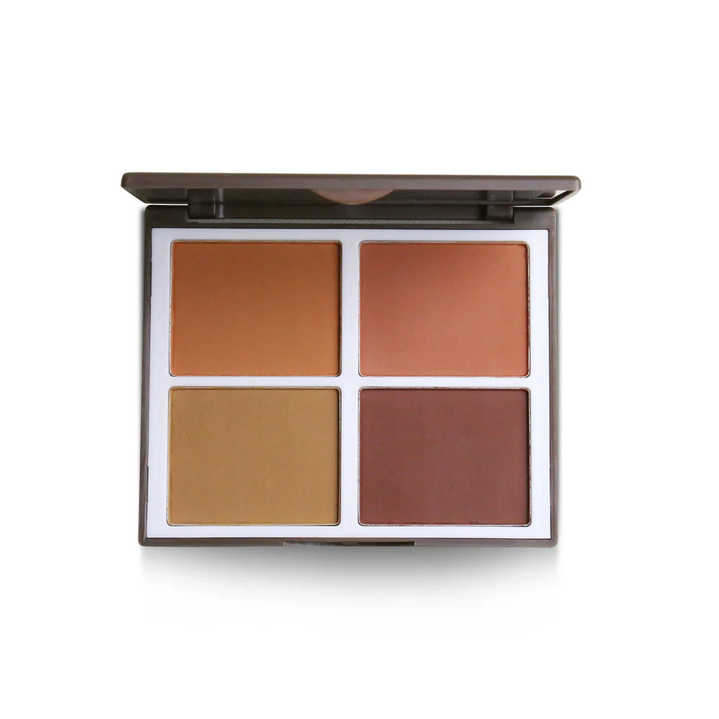 Makeup palette with four brown shades on a white background