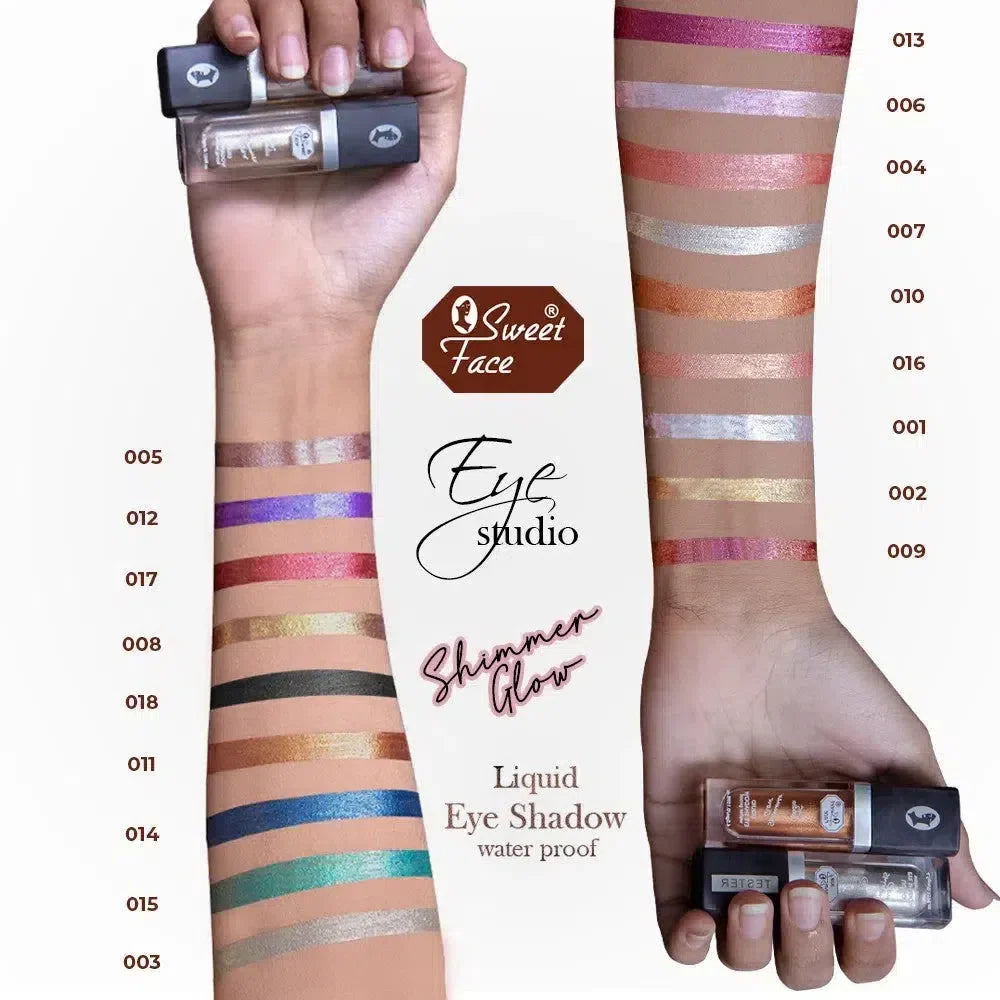 Sweet Face Eye Studio liquid eye shadow swatches on a hand with a scale, showing various colors.