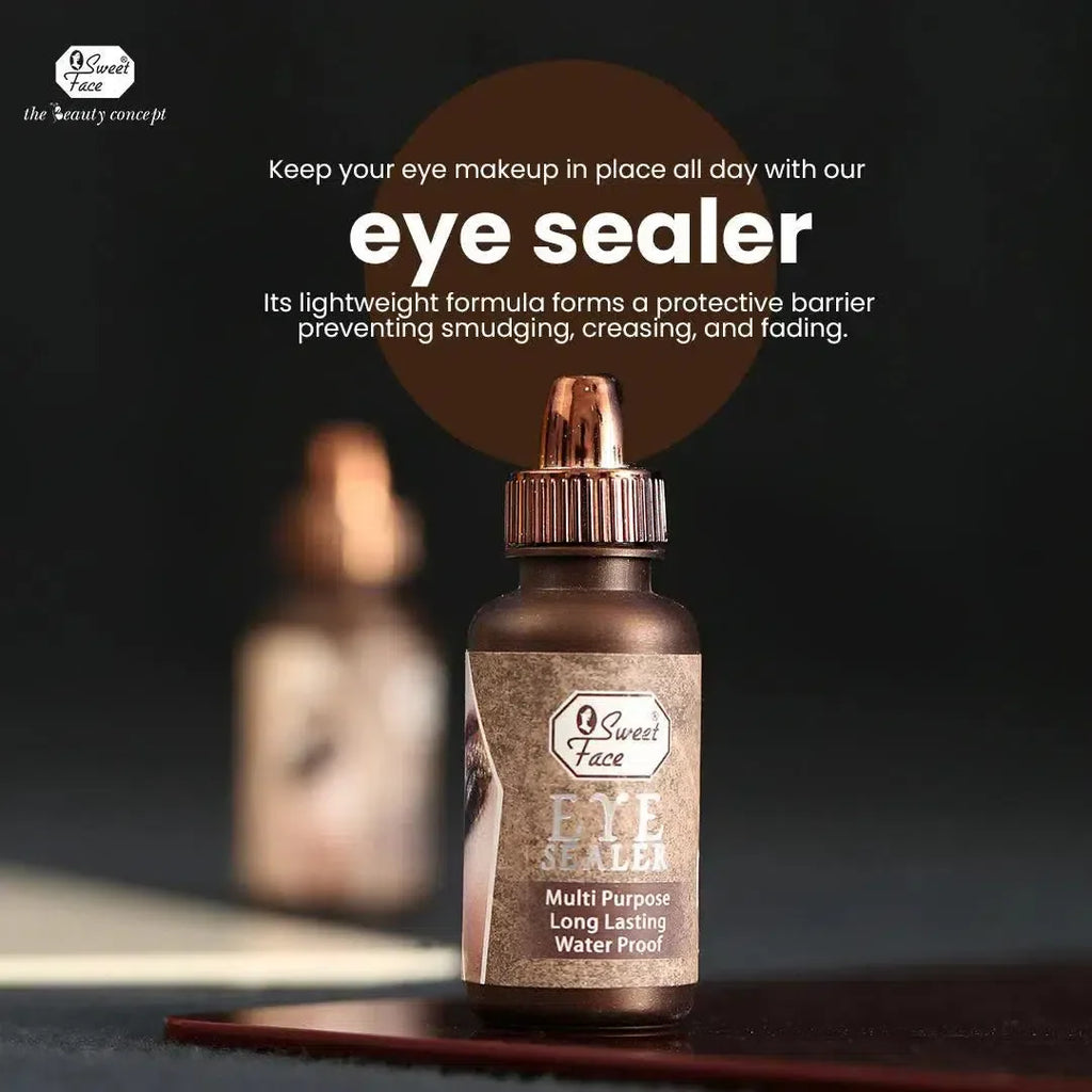 Eye sealer bottle with promotional text on a dark background