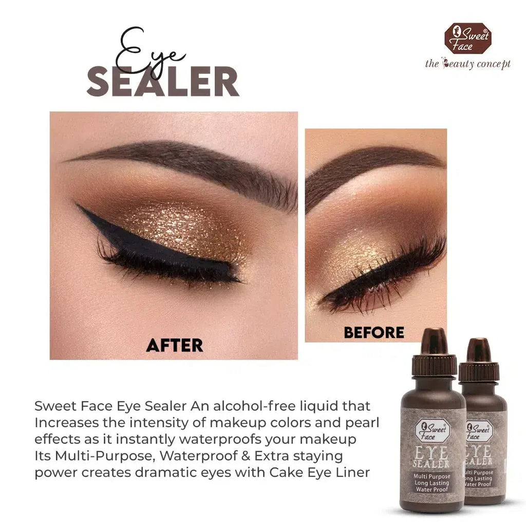 Advertisement for Sweet Face Eye Sealer showing before and after effects on eye makeup.