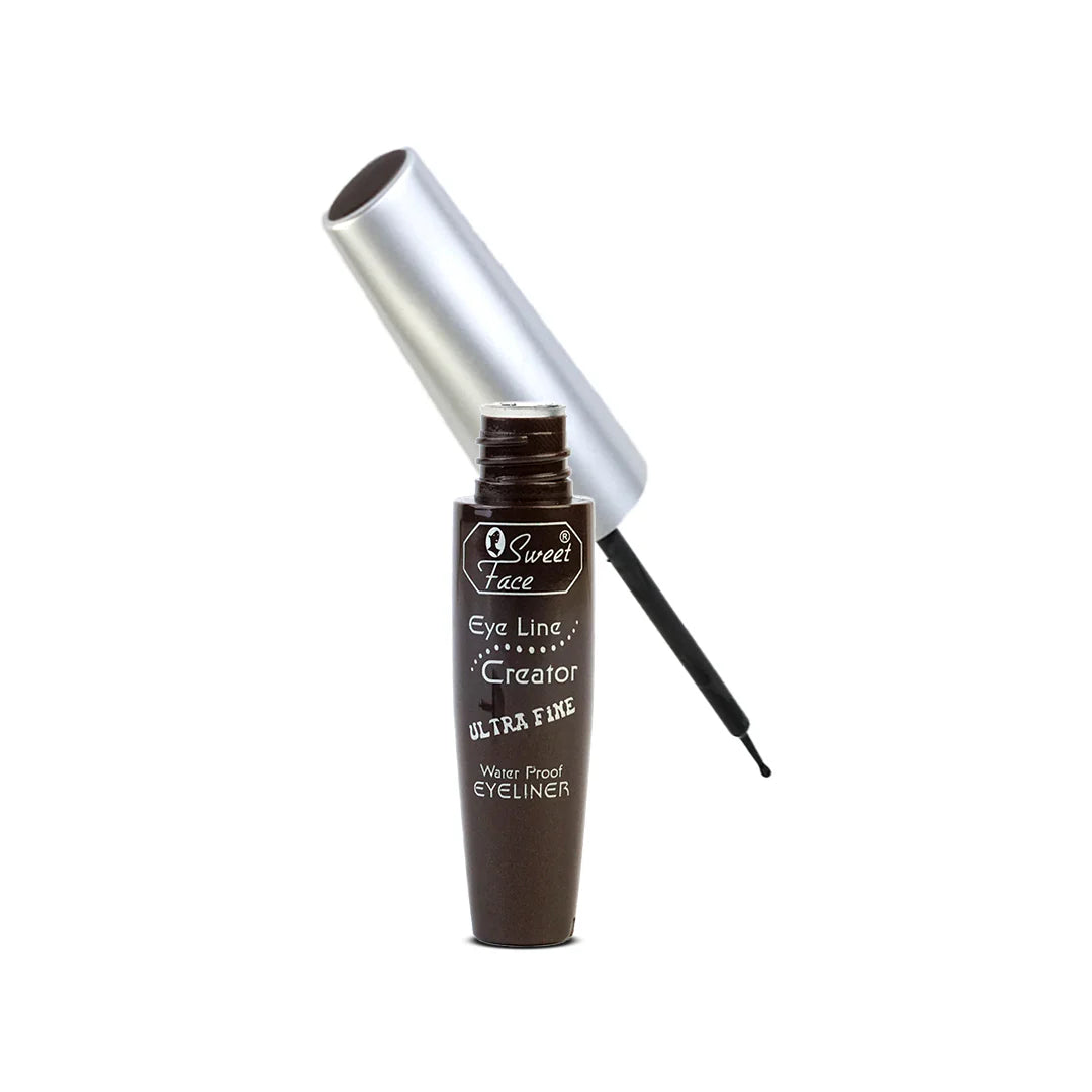 Eyeliner with silver cap and black liquid on a white background