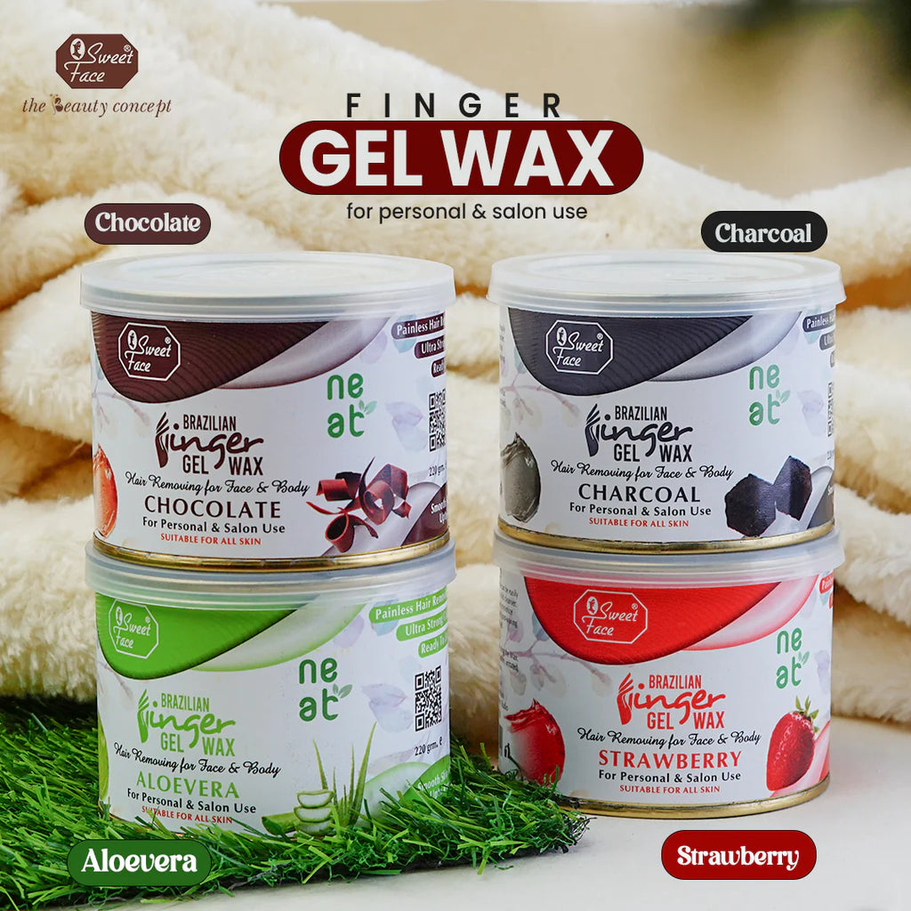 Four containers of Brazilian Finger Gel Wax in different flavors with a blurred towel background.