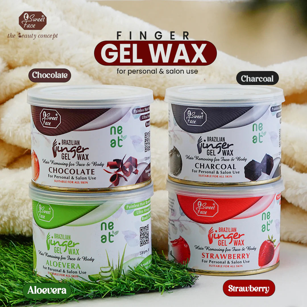 Four containers of Brazilian Finger Gel Wax in different flavors with a blurred towel background.