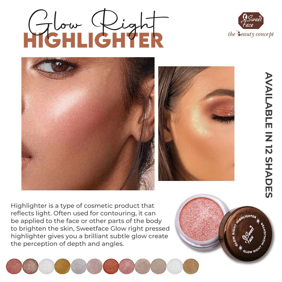 Advertisement for Sweetface Glow Right Highlighter with product packaging and application examples.