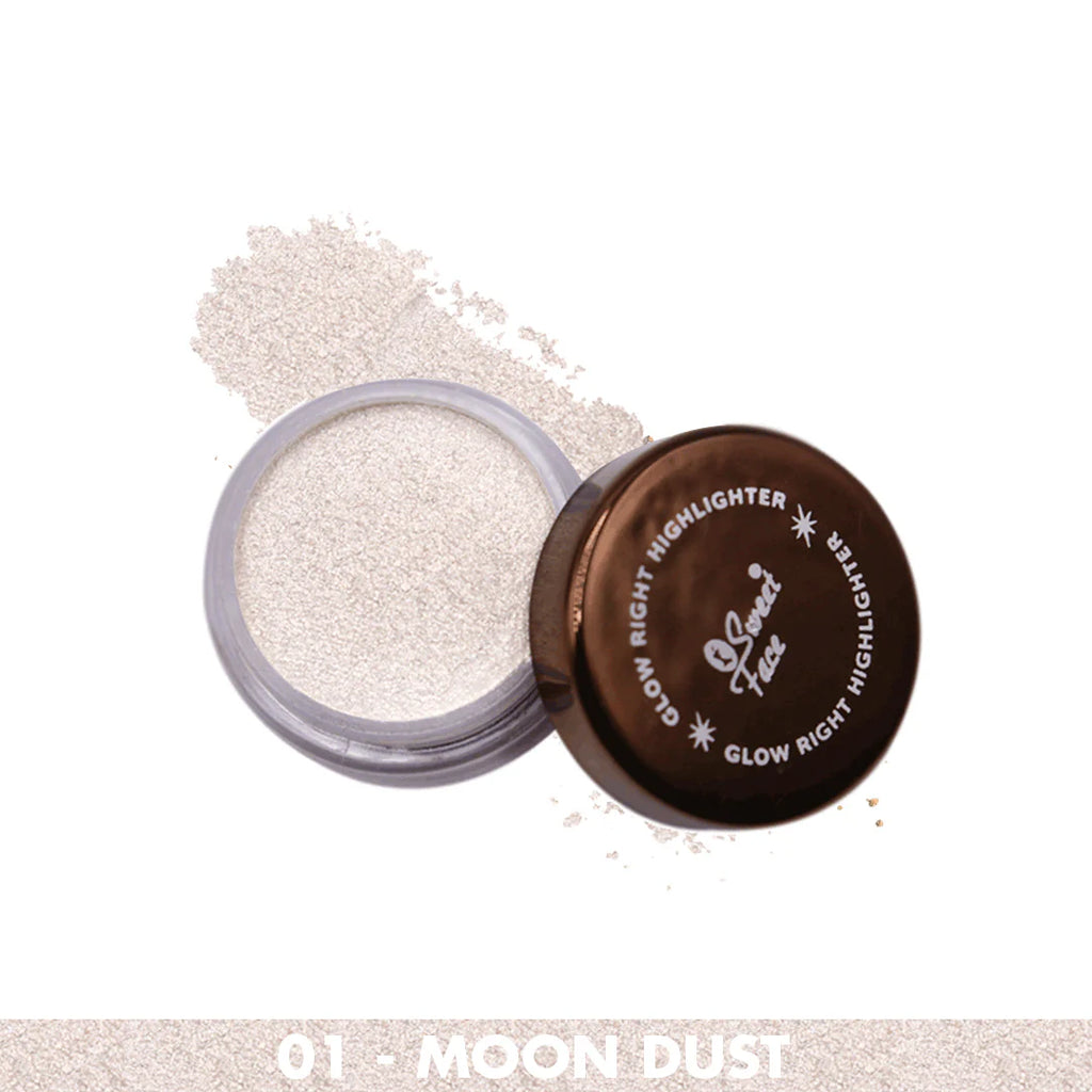 Open container of 'Moon Dust' highlighter with a swatch on a white background