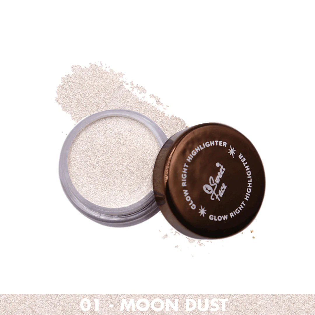 Open container of 'Moon Dust' highlighter with a swatch on a white background