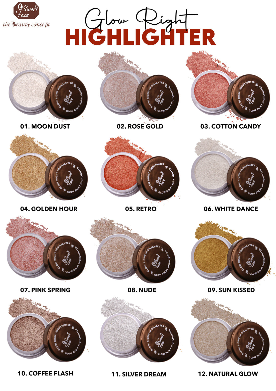 Glow Right Highlighter product line with various shades and their names.