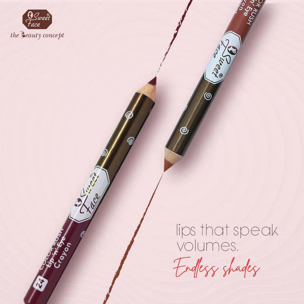 Two lip pencils with visible color swatch on a pink background, featuring 'Sweet Face' branding.