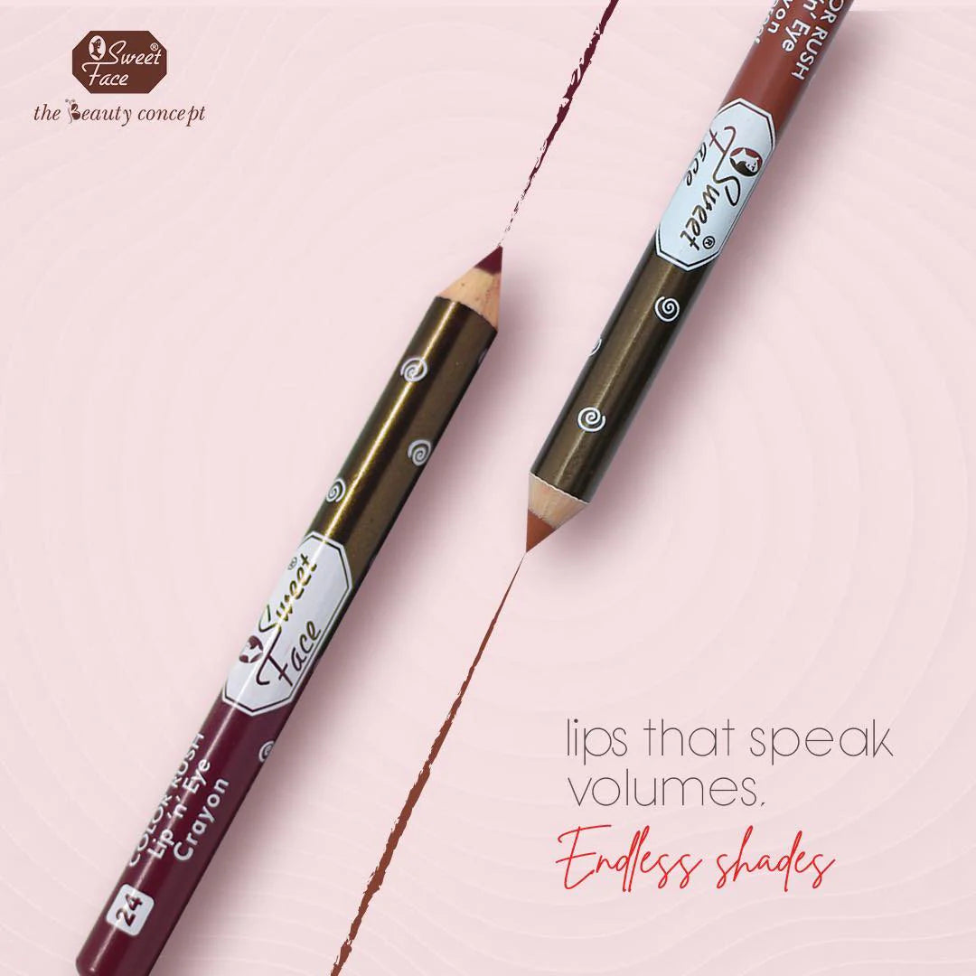 Two lip pencils with visible color swatch on a pink background, featuring 'Sweet Face' branding.