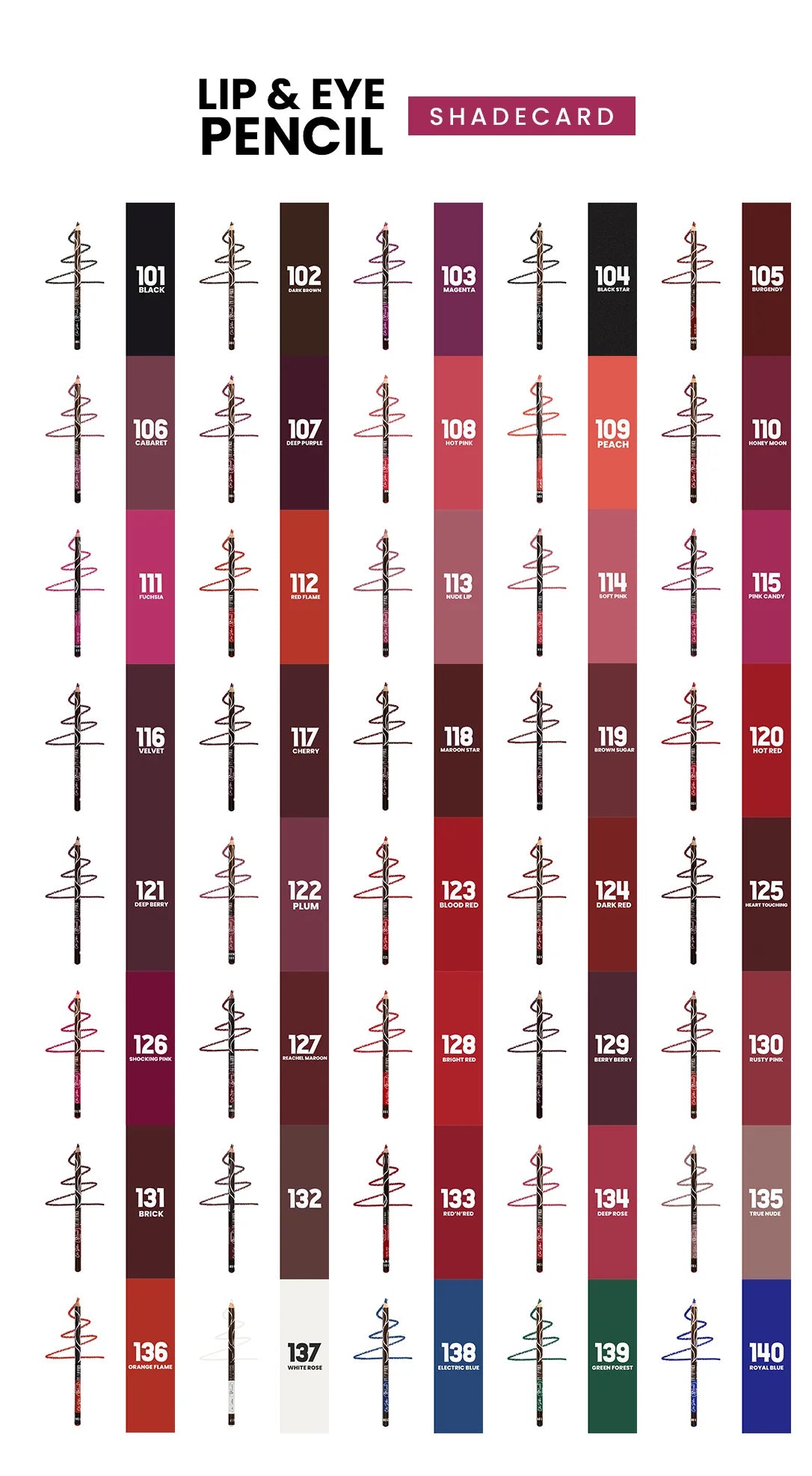Color swatches for lip and eye pencil shades on a white background