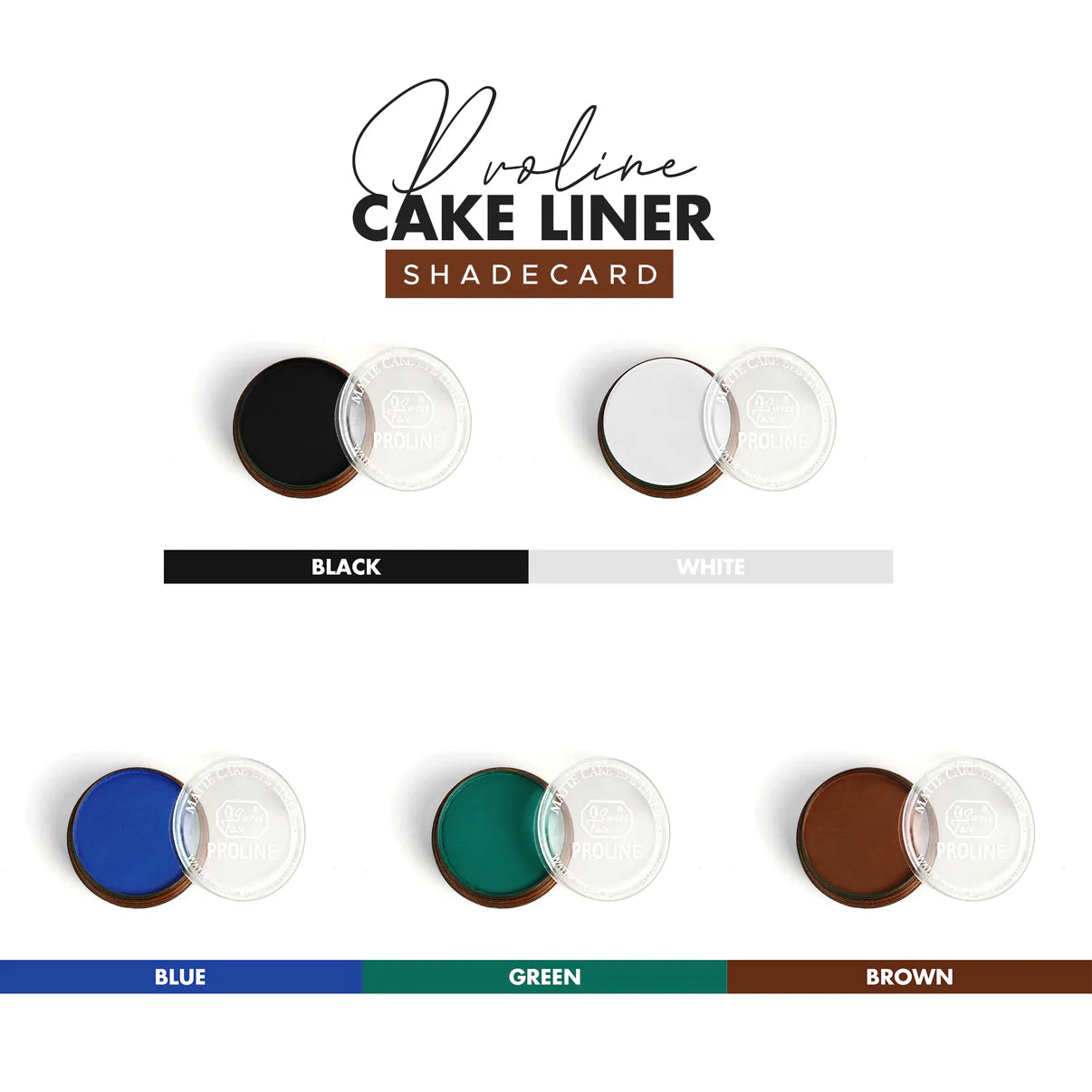 Cake liner shade card with black, white, blue, green, and brown colors on a white background.