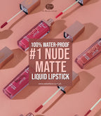 Nude matte liquid lipstick with visible brand name on a peach background