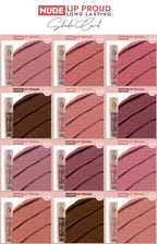Collection of nude lip products with shades and packaging on a pink background