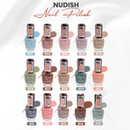 Collection of Nudish nail polish bottles with labels on a white background