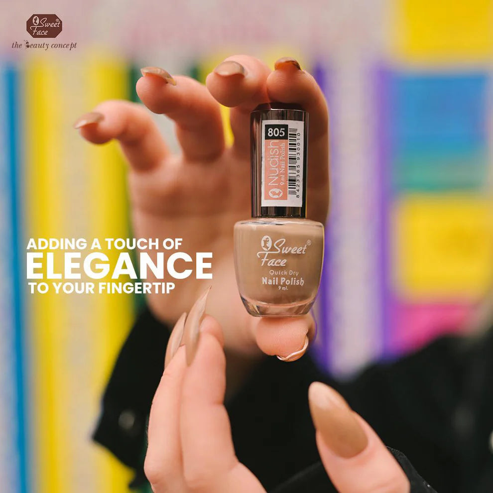 Hand holding a bottle of nail polish with colorful background