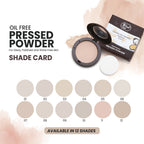Oil-free pressed powder shade card with product packaging on a light background