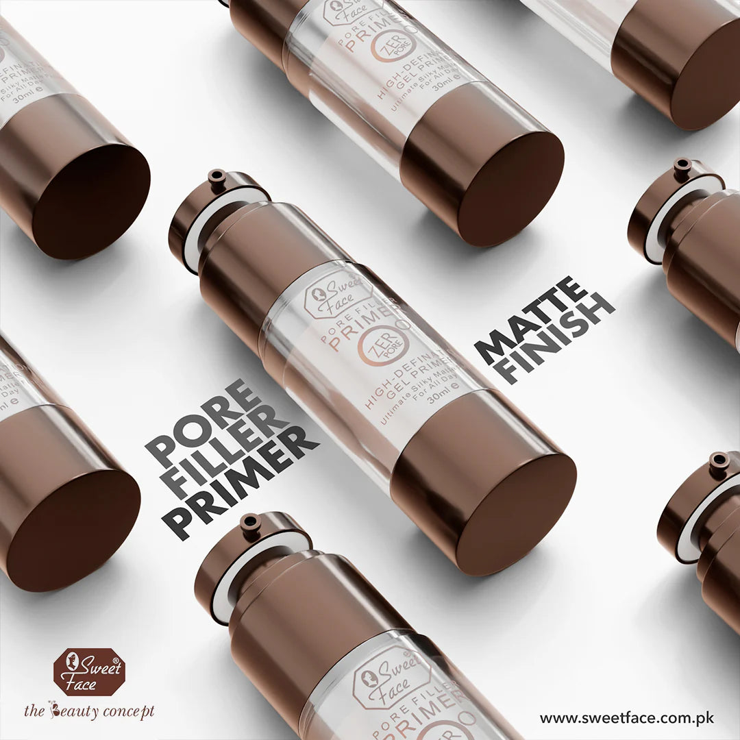 Multiple bottles of 'Pore Filler Primer' with 'Matte Finish' text on a white background, featuring the brand 'Sweet Face'.