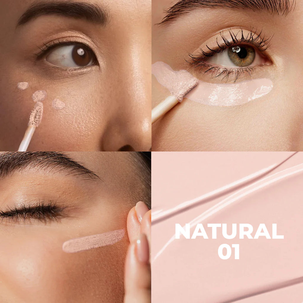 Makeup application process with a brush applying cream to skin, labeled 'Natural 01'.