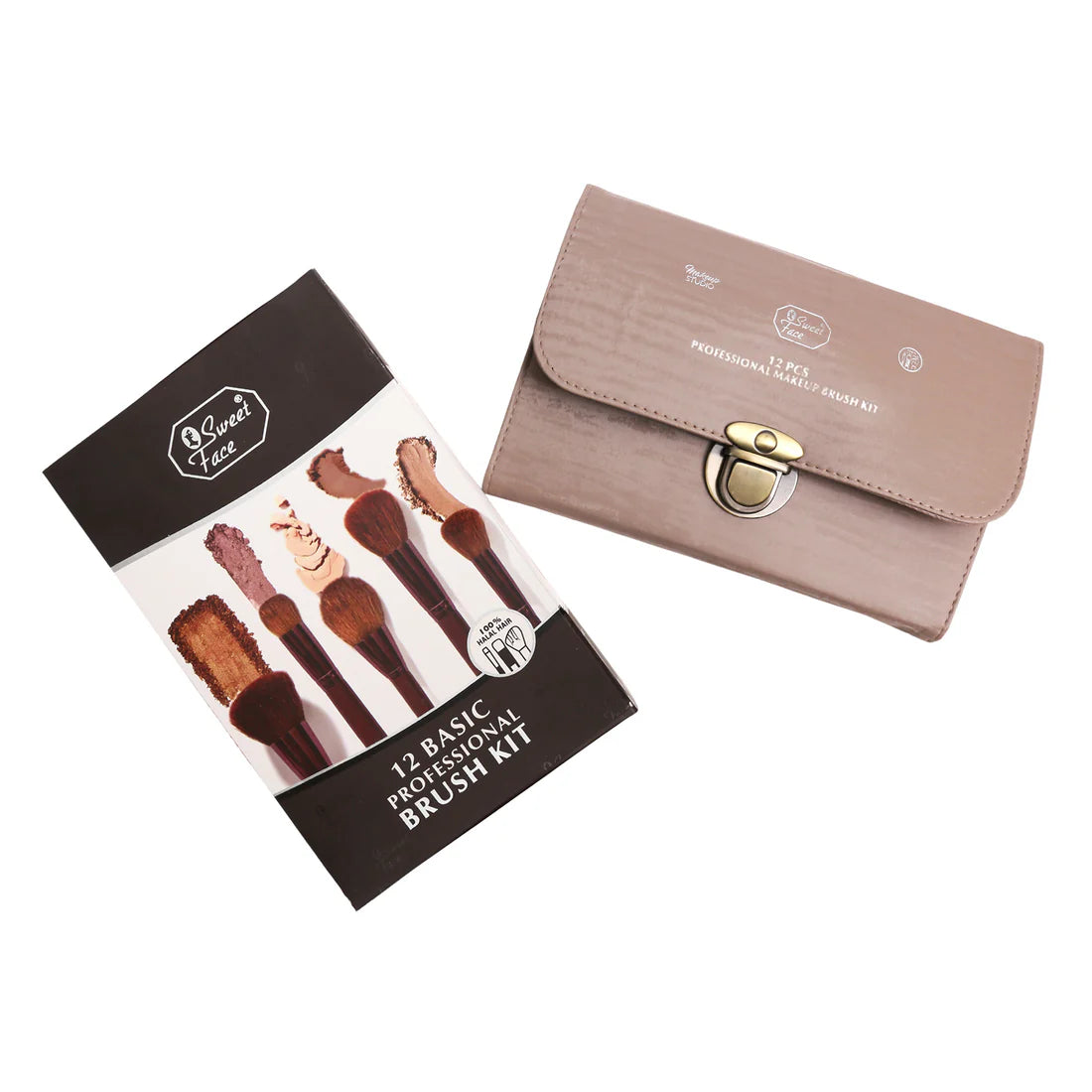 Makeup brush kit packaging with a beige clutch on a white background