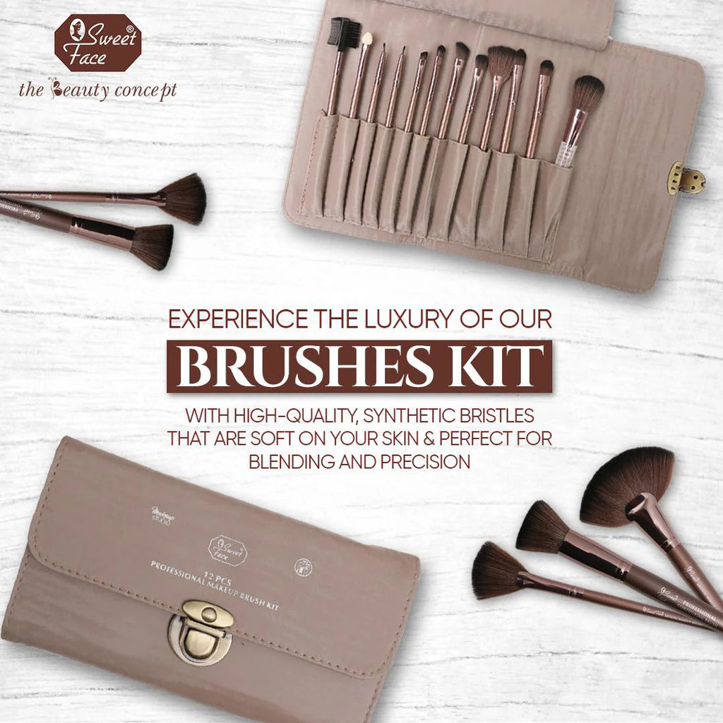 Makeup brushes set with a carrying case on a light wooden background, featuring 'Sweet Face' brand.