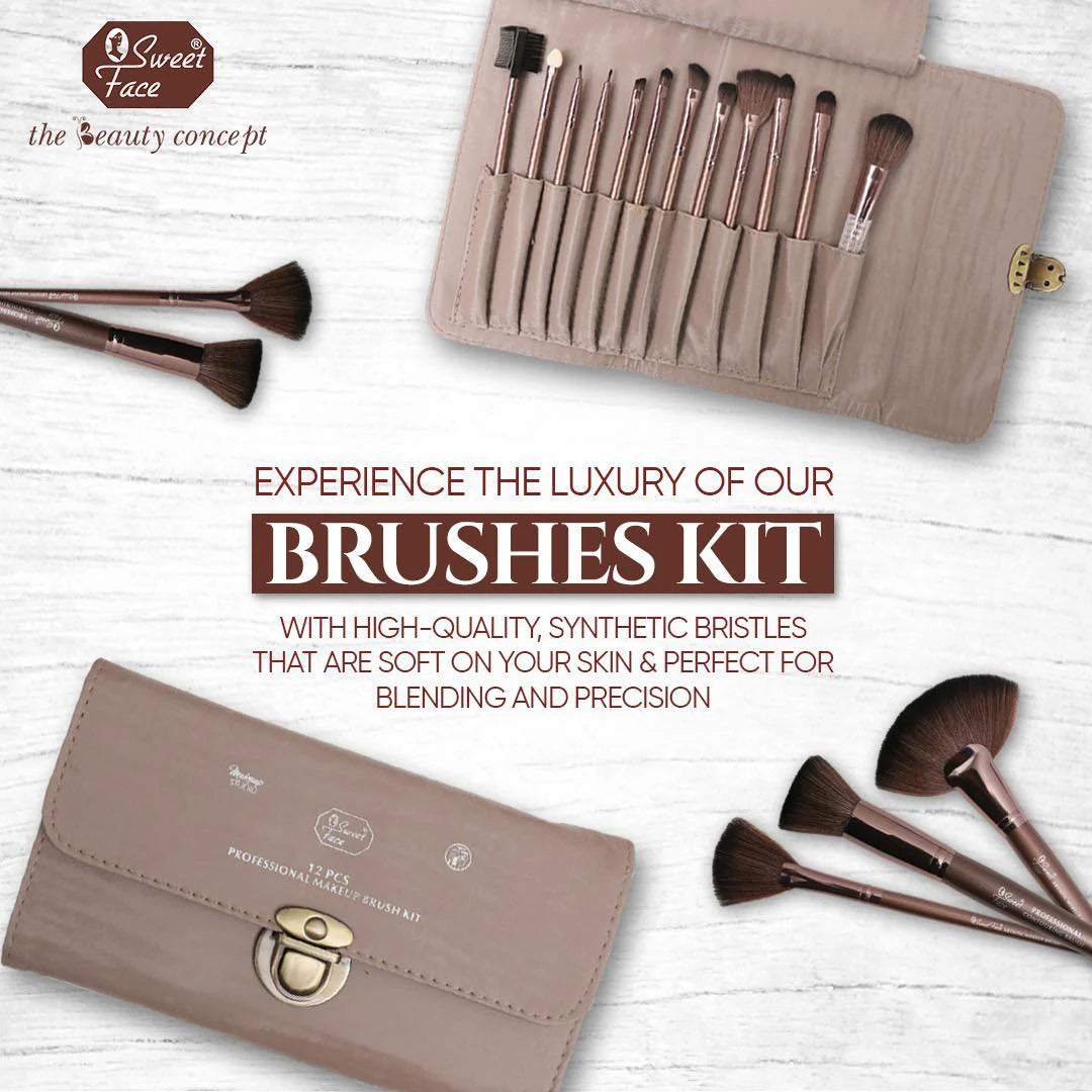 Makeup brushes set with a carrying case on a light wooden background, featuring 'Sweet Face' brand.
