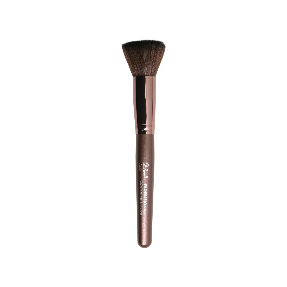 Makeup brush with brown bristle head and handle on a white background