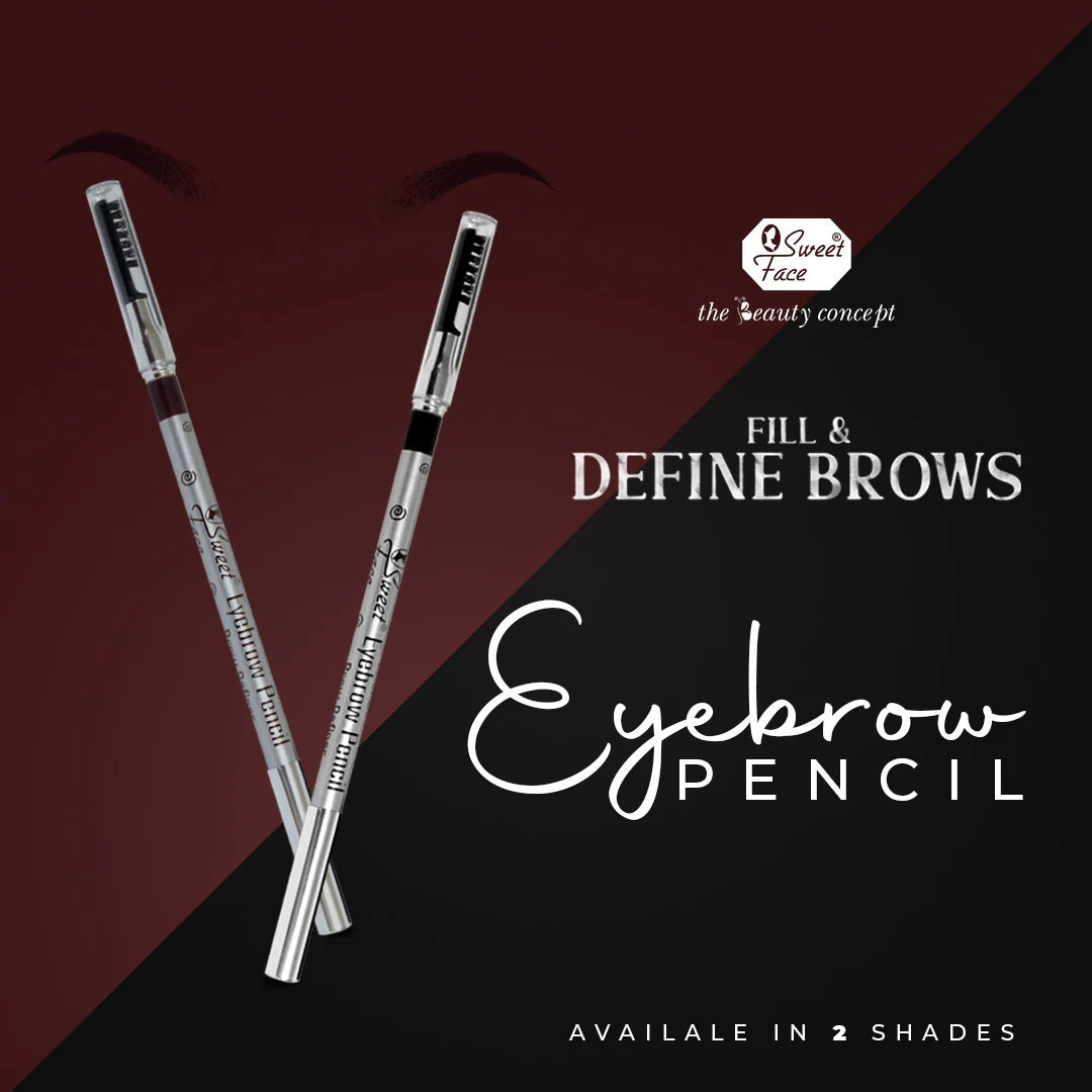 Eyebrow pencil with branding on a dark background