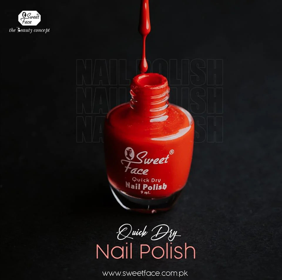 Red nail polish bottle with 'Sweet Face' branding on a black background