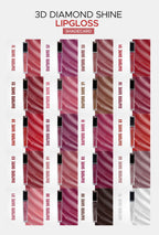 Lip gloss shades displayed in a grid with '3D Diamond Shine' branding.