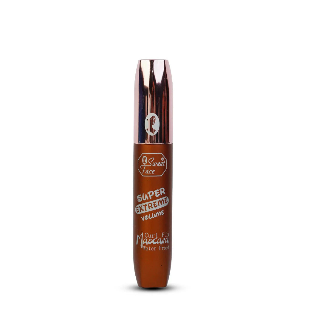 Mascara bottle with 'Super Extreme Volume' text on a white background