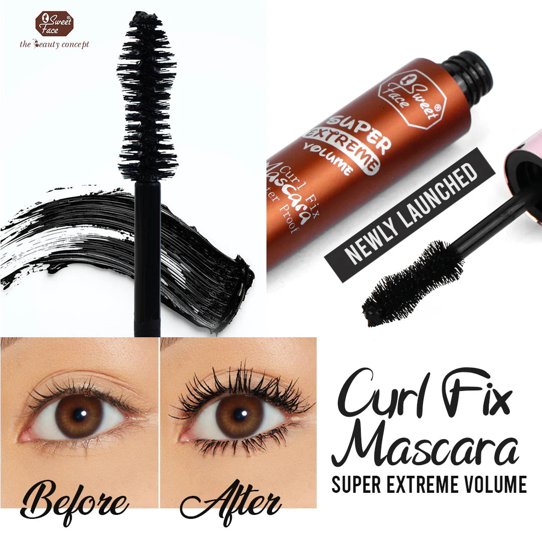 Mascara product with application on lashes and before/after effect on eyes, brand 'Sweet Love' visible.