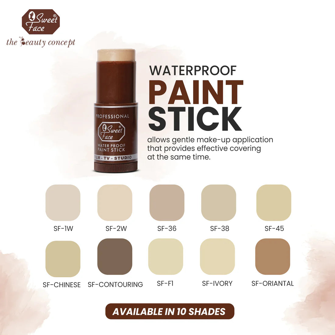 Waterproof paint stick with color swatches and branding on a white background