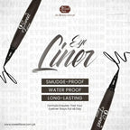 Eye liner with branding and features on a light gray background