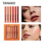 Tanako lip products including lipsticks and a palette with close-up images of a woman wearing them.