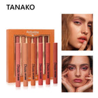 Set of Tanako lipsticks with packaging and model shots on a white background