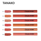 Set of six lipsticks with swatches and 'TANAKO' branding on a white background.