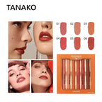 TANAKO lip product display with lip swatches and packaging on a white background