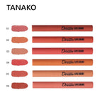 Set of six lipsticks with swatches and 'TANAKO' branding on a white background.