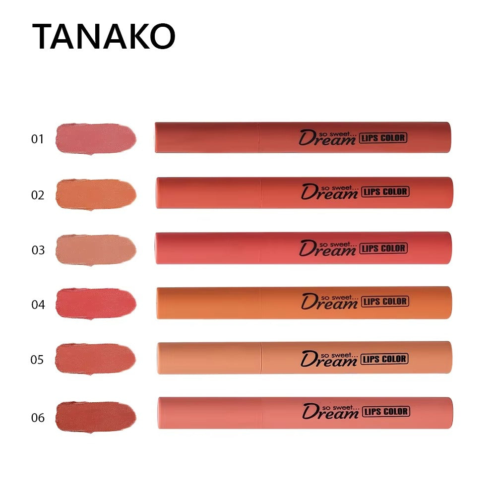 Set of six lipsticks with swatches and 'TANAKO' branding on a white background.