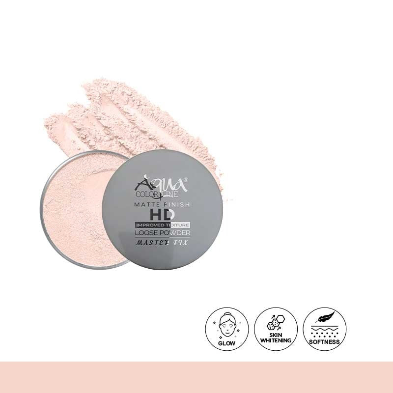 Loose powder container with pink powder and brand logo on a white background