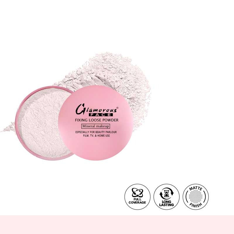 Pink powder compact with 'Glamorous Beach' branding on a white background