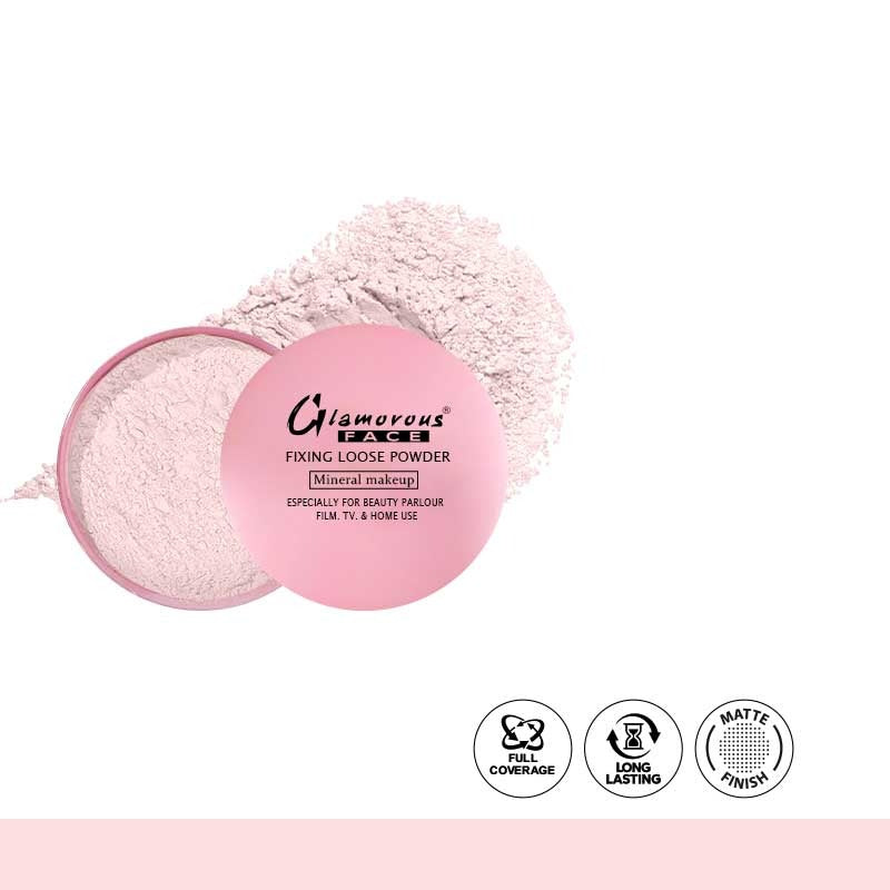 Pink powder compact with 'Glamorous Beach' branding on a white background
