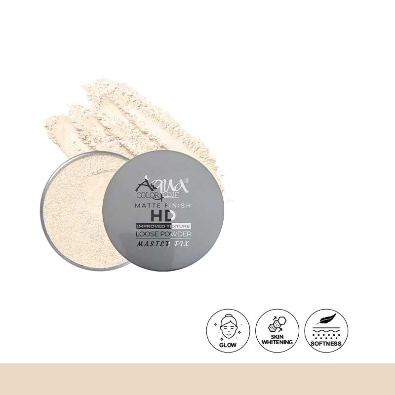 Loose powder container with a scoop of powder on a white background