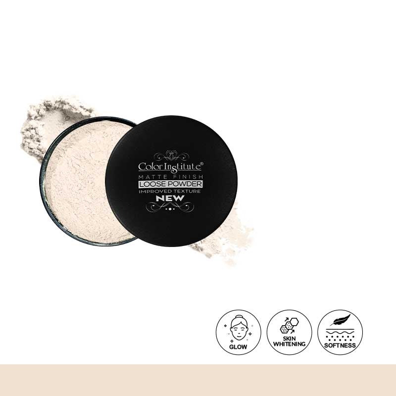 Loose powder container with black lid and beige powder, brand 'Colorful' visible, on white background.